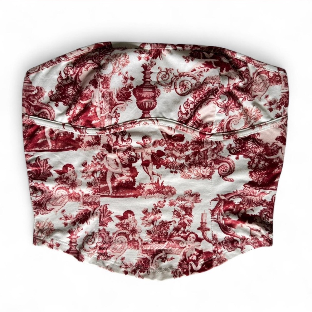 Shein red and white vintage angel patterned strapless top